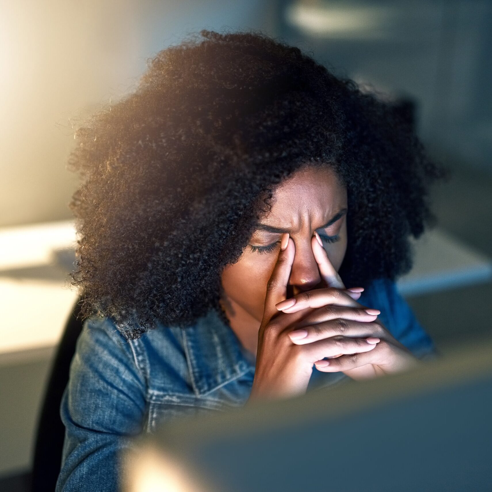 Stress, headache and woman by computer in office with glitch, mistake or crisis for web development. Eye strain, night and software designer with online firewall crash on technology in workplace